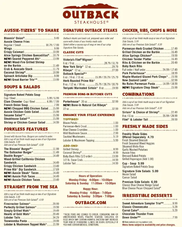 Outback Steakhouse Dinner Menu With Prices